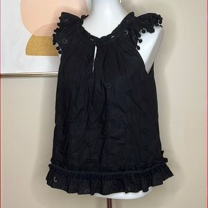 J. Crew NWT black eyelet sleeveless blouse w pompom fringe | Small
